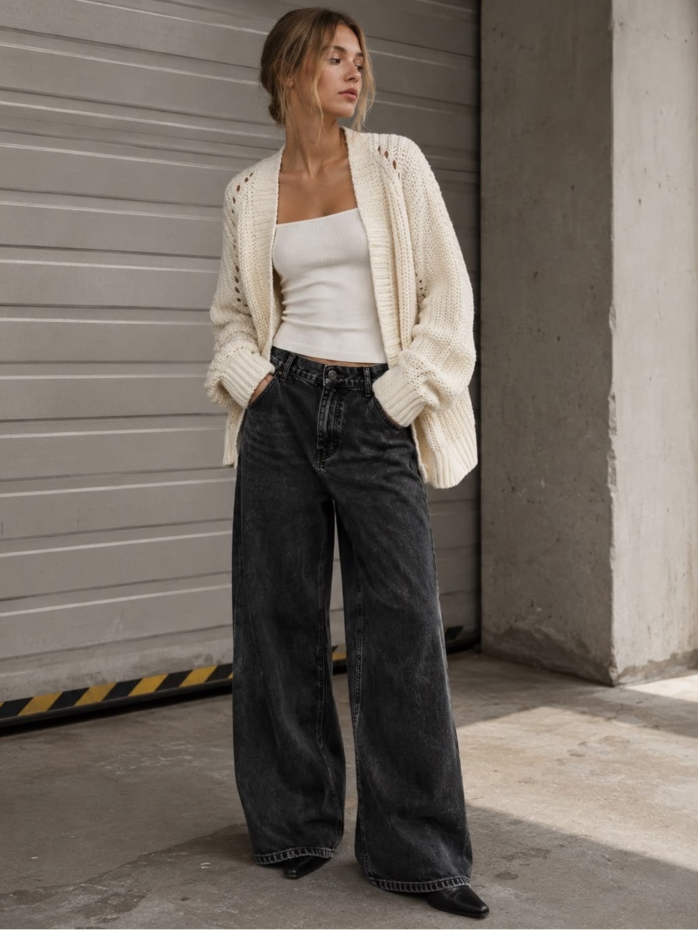 Garage Open Front Knit Cardigan Sweater in Cream (Size P/S)